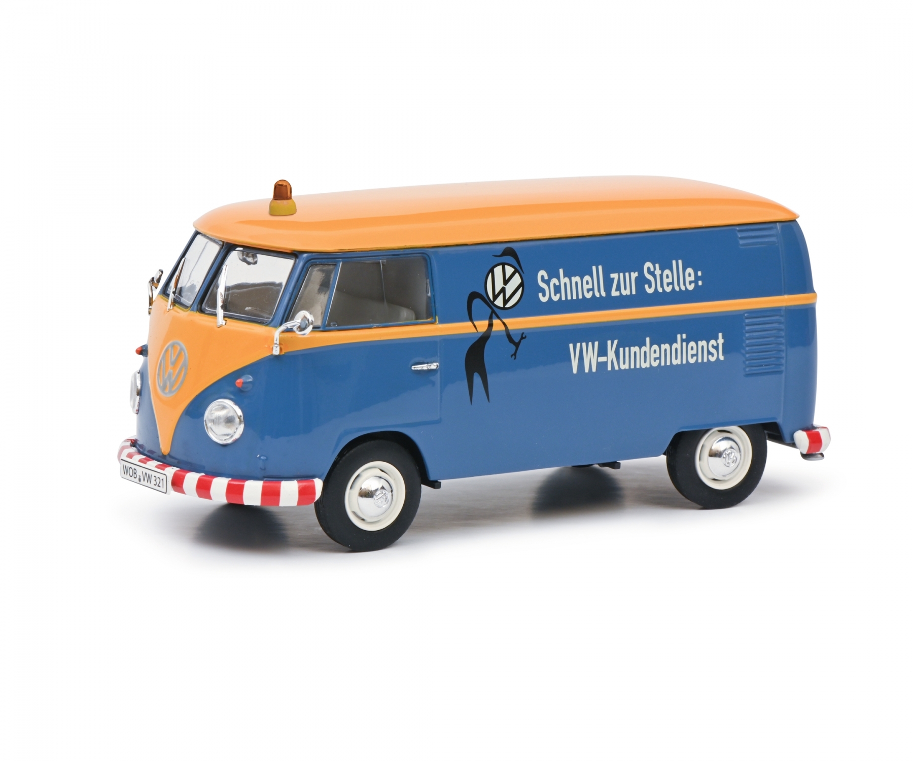 schuco-450785500-1-Volkswagen-VW-T1b-Lieferwagen-Kastenwagen-Schnell-zur-Stelle-VW-Kundendienst-blau-gelb